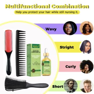 WOZUTUNT Curly Hair Brush Set for Women/Men/Kids, Detangler Brush, Wide Tooth Comb, 9 Row Nylon Bristle, Rosemary Hair Growth Oil - 4 Count (DB-black-4pcs)