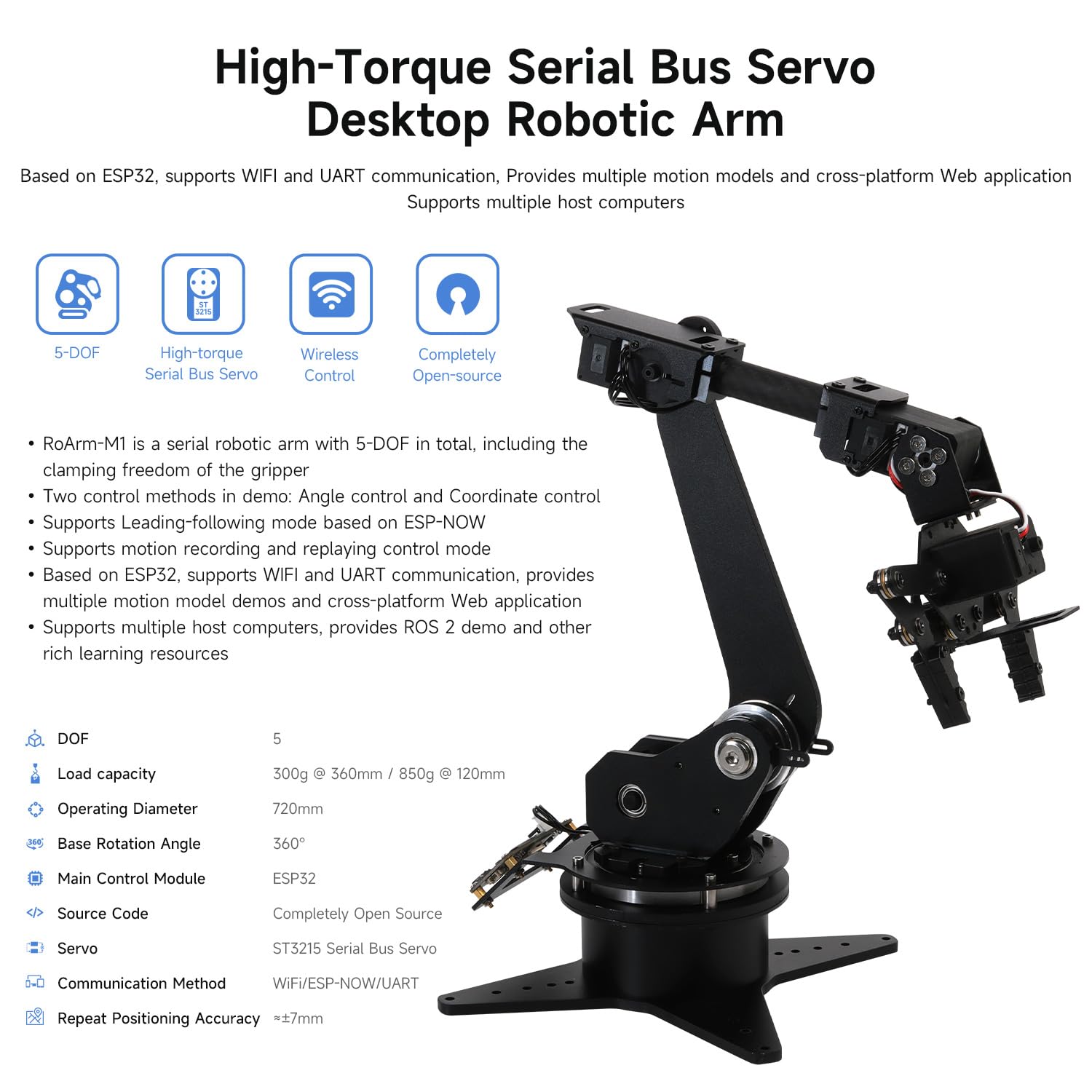 Waveshare Robotic Arm Kit, Desktop Robotic Kit, High-Torque Serial Bus Servo, Based On ESP32, 5-DOF, Supports Wireless Control