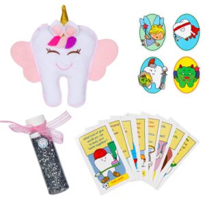 tooth fairy pillow for girls, fun tooth fairy kit includes (1) unicorn tooth fairy pouch with door hanger, (4) money stickers, fairy glitter dust, (8) magical toothfairy notes and fun receipts