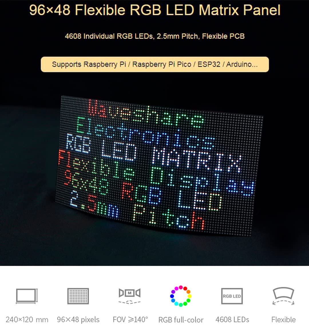 waveshare Flexible RGB Full Color LED Matrix Panel 96x48 4608 RGB LEDs, 2.5mm Pitch, Adjustable Brightness and Bendable PCB,Compatible with Raspberry Pi/Raspberry Pi Pico / ESP32