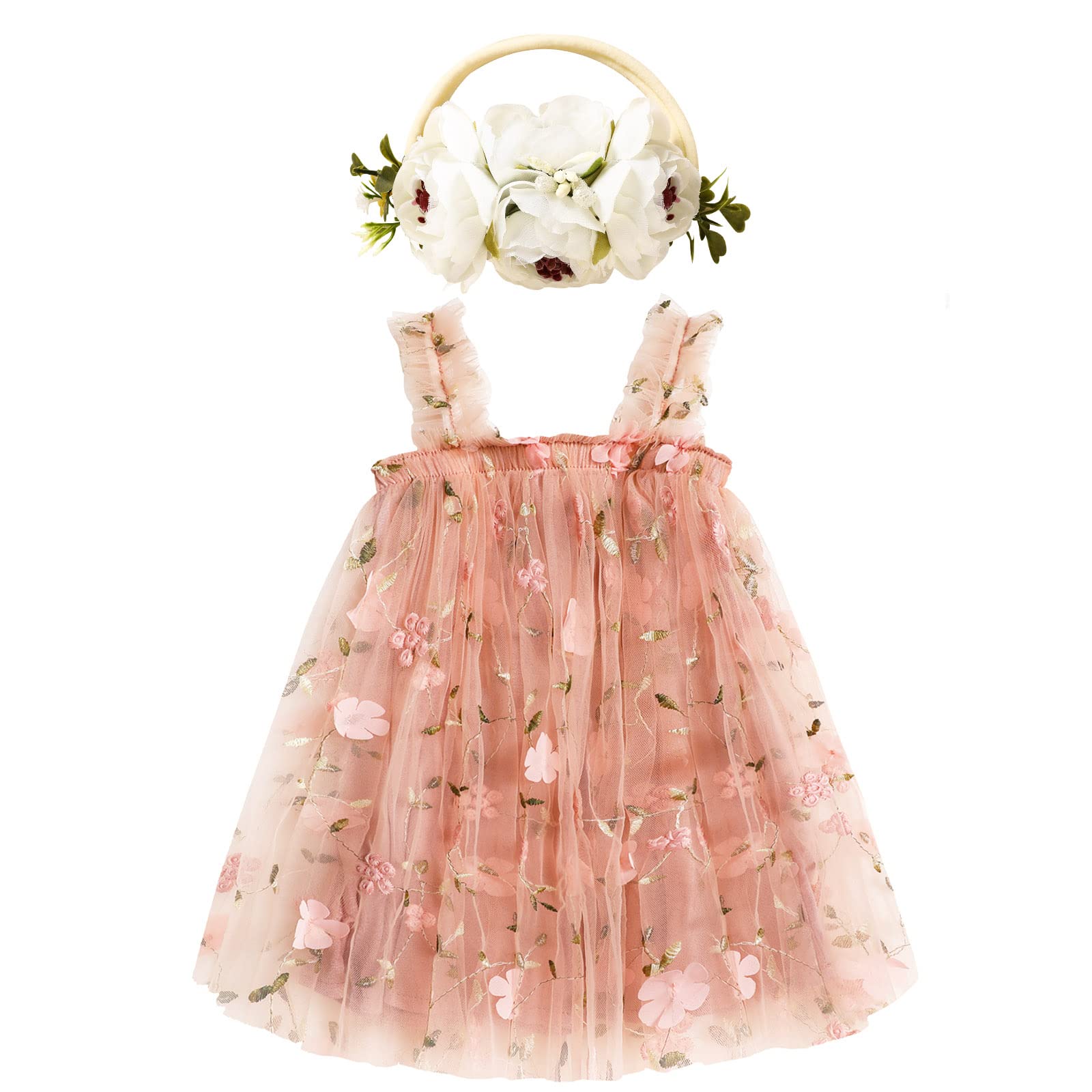 Toddler Baby Girls Tutu Dress Sleeveless Floral Print Layered Tulle Dress Little Girl Princess Dresses with Flower Headband (Pink, 1-2 T)