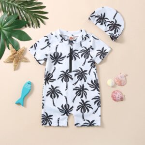 Infant Baby Boys One Piece Swimsuit Cute Shark Print Short Sleeve Zip Up Rashguard Swimwear Bathing Suit (White# Coconut Tree, 0-3 Months)