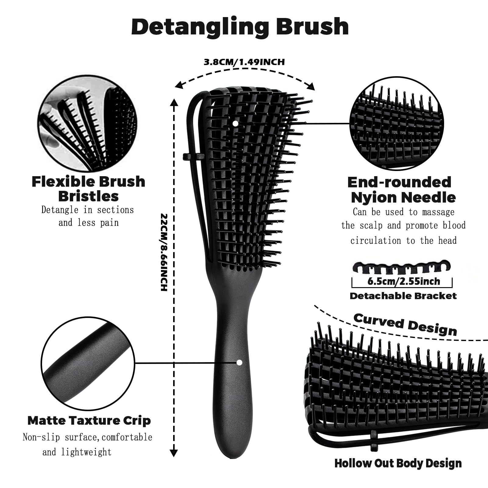 WOZUTUNT Curly Hair Brush Set for Women/Men/Kids, Detangler Brush, Wide Tooth Comb, 9 Row Nylon Bristle, Rosemary Hair Growth Oil - 4 Count (DB-black-4pcs)