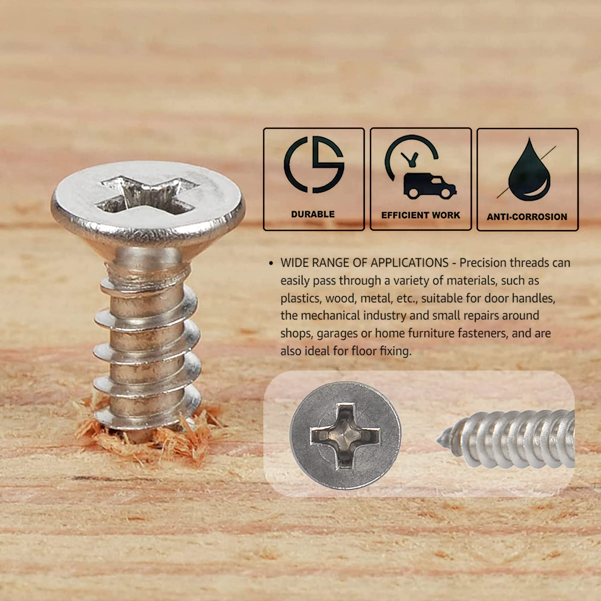 Hession Wood Screws Stainless Steel 304 Flat Head Phillips Drive Self Tapping Screw for Sheet Metal Thread Sharp Point 20pcs Pack (#8 x 5/8 inch)