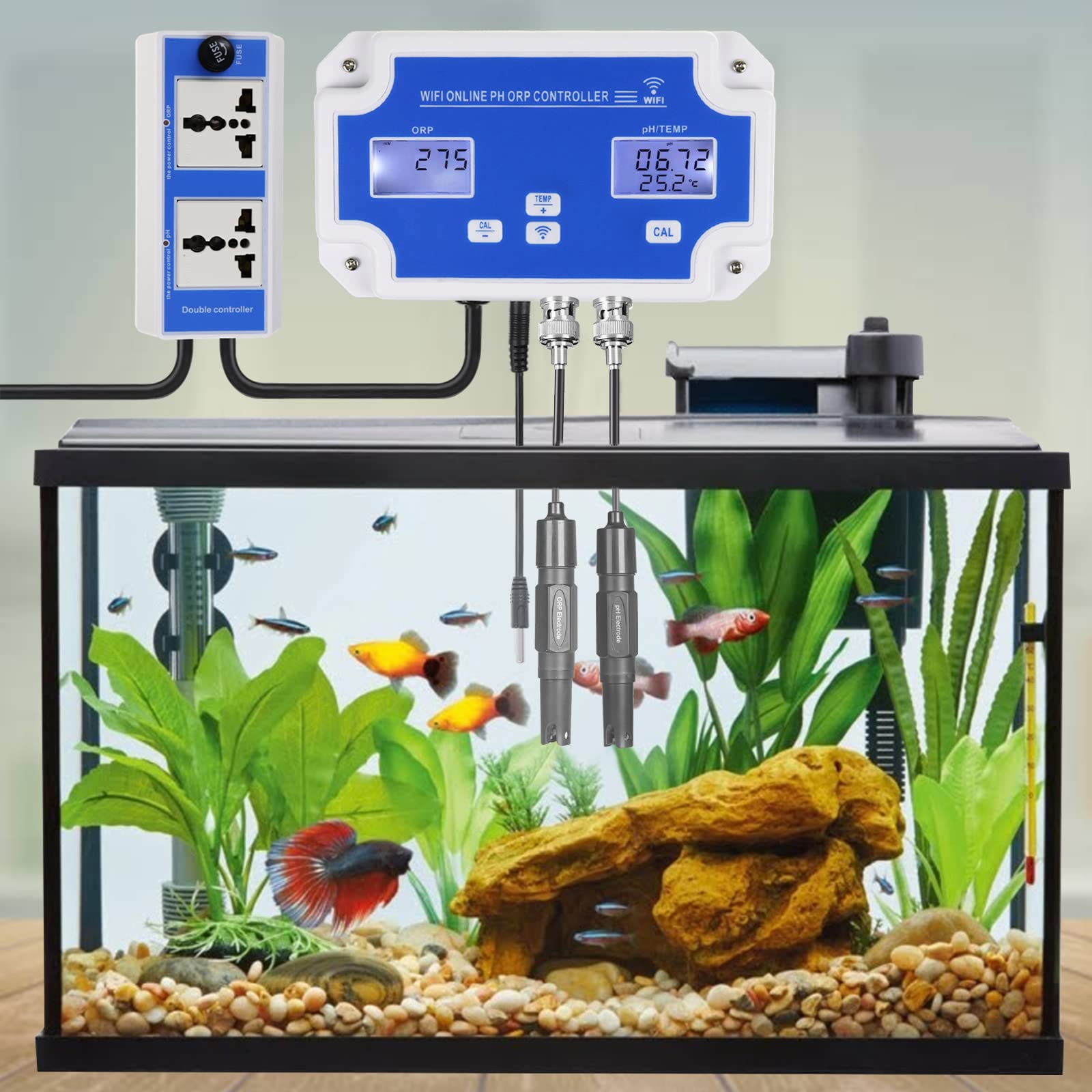 Smart pH ORP Controller, 3 in 1 Aquarium pH Monitor Wi-Fi for pH/ORP/Temp Measurements in Water with Calibration, Can Fit with CO2 Bottle & O3 Generator