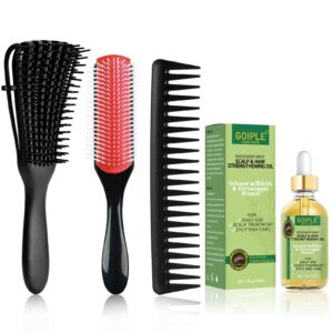 wozutunt curly hair brush set for women/men/kids, detangler brush, wide tooth comb, 9 row nylon bristle, rosemary hair growth oil - 4 count (db-black-4pcs)