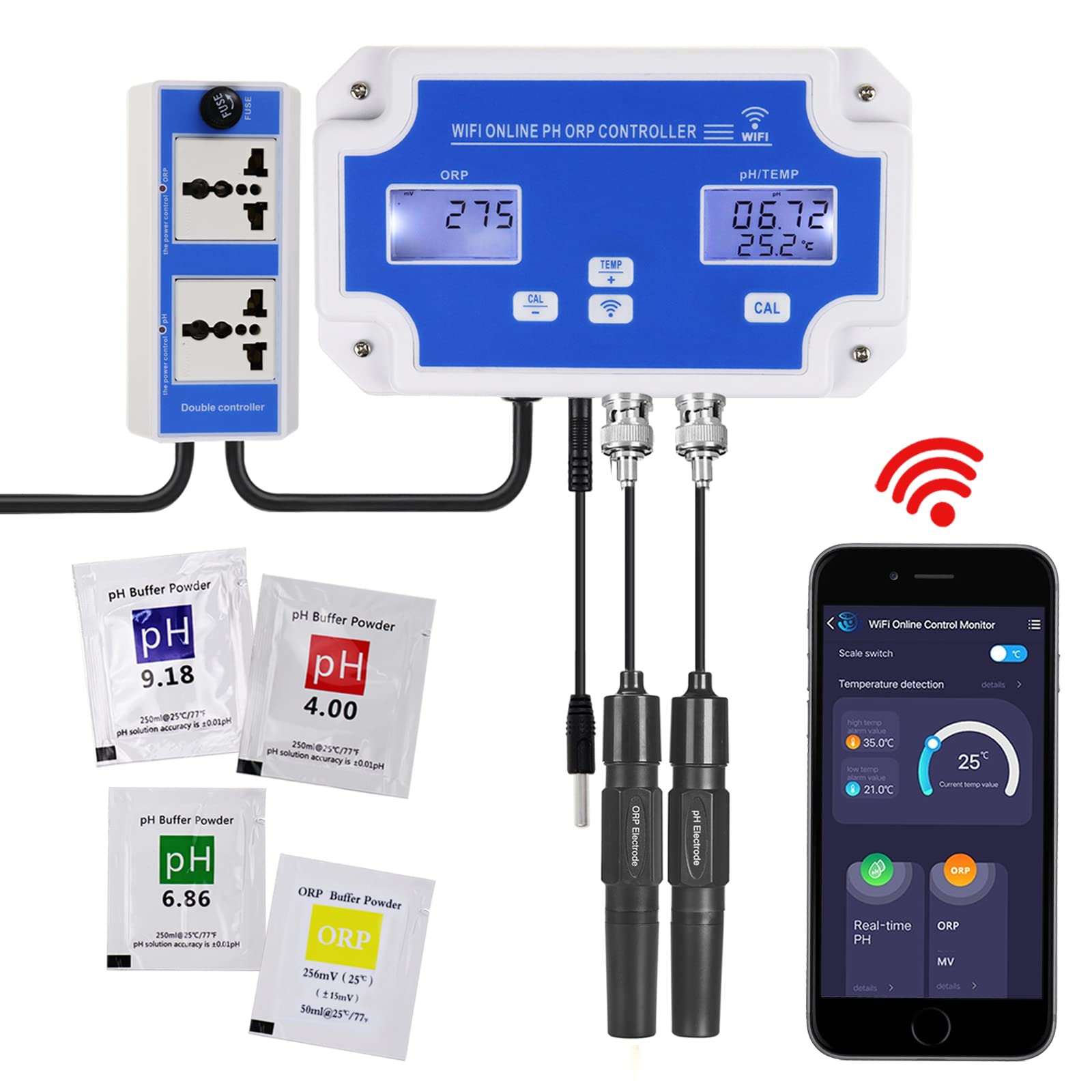 Smart pH ORP Controller, 3 in 1 Aquarium pH Monitor Wi-Fi for pH/ORP/Temp Measurements in Water with Calibration, Can Fit with CO2 Bottle & O3 Generator