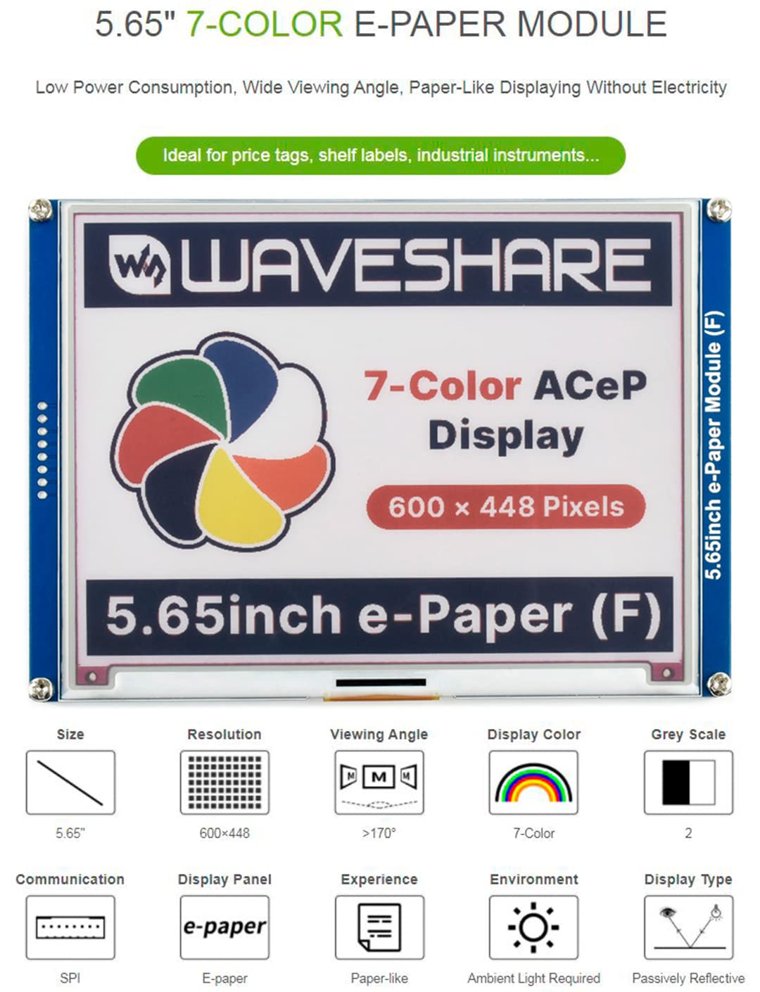 waveshare 5.65inch E-Ink Display HAT 7-Color ACeP E-Paper Display 600x448 Pixels for Raspberry Pi 4B/3B+/3B/2B/Zero/Zero W/Zero WH and Jetson Nano