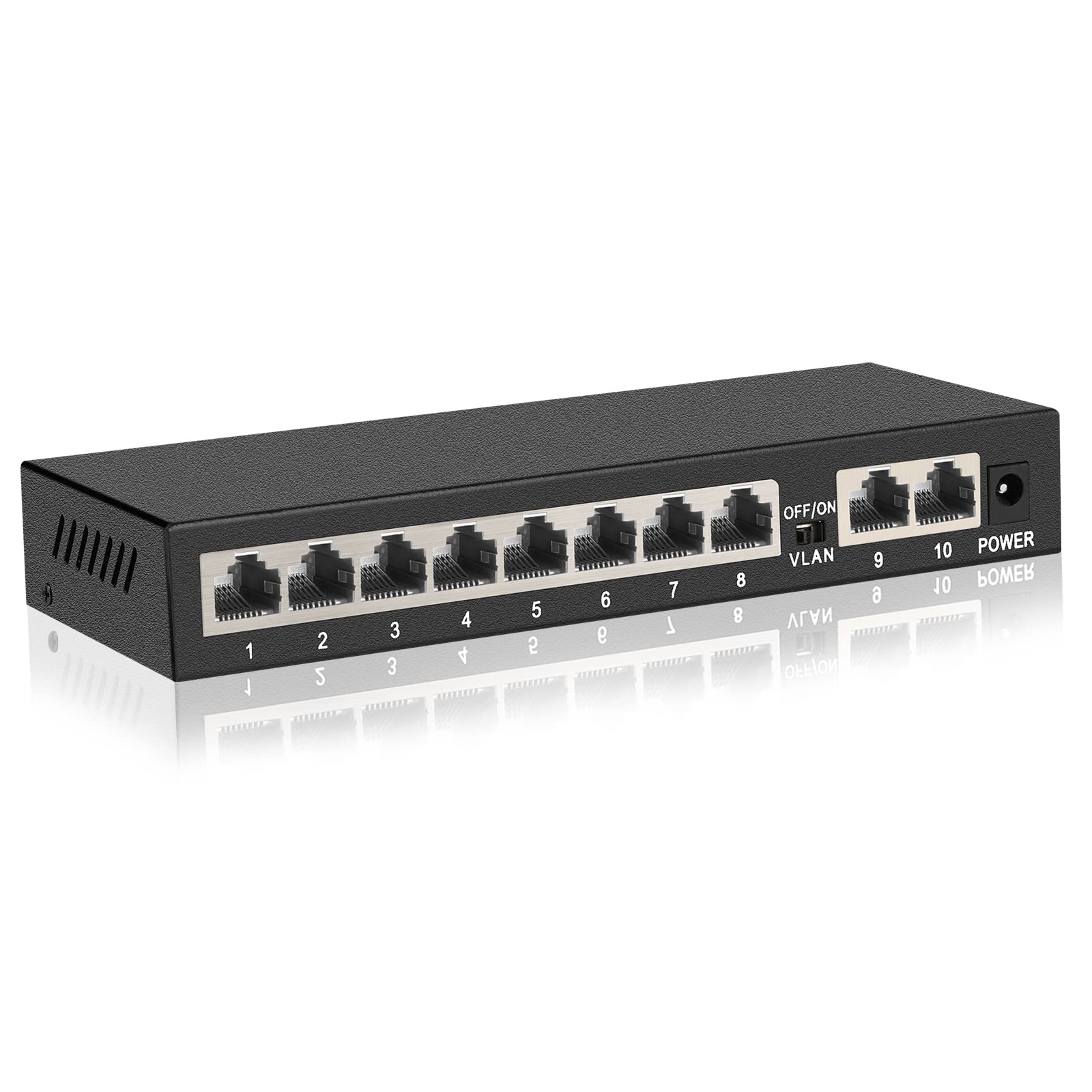 ienRon 10 Port Gigabit Switch, 8 Gigabit Ports + 2 Gigabit Uplink Ports, Unmanaged Ethernet Switch, Internet Switch Network Switch with AI Detection VLAN Mode | Plug and Play| Fanless Metal Design