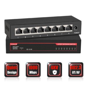 ienron 8 ports gigabit network switch, supported desktop or wall mount plug and play with ai detection unmanaged tiny ethernet splitter network switch in metal case, red / black