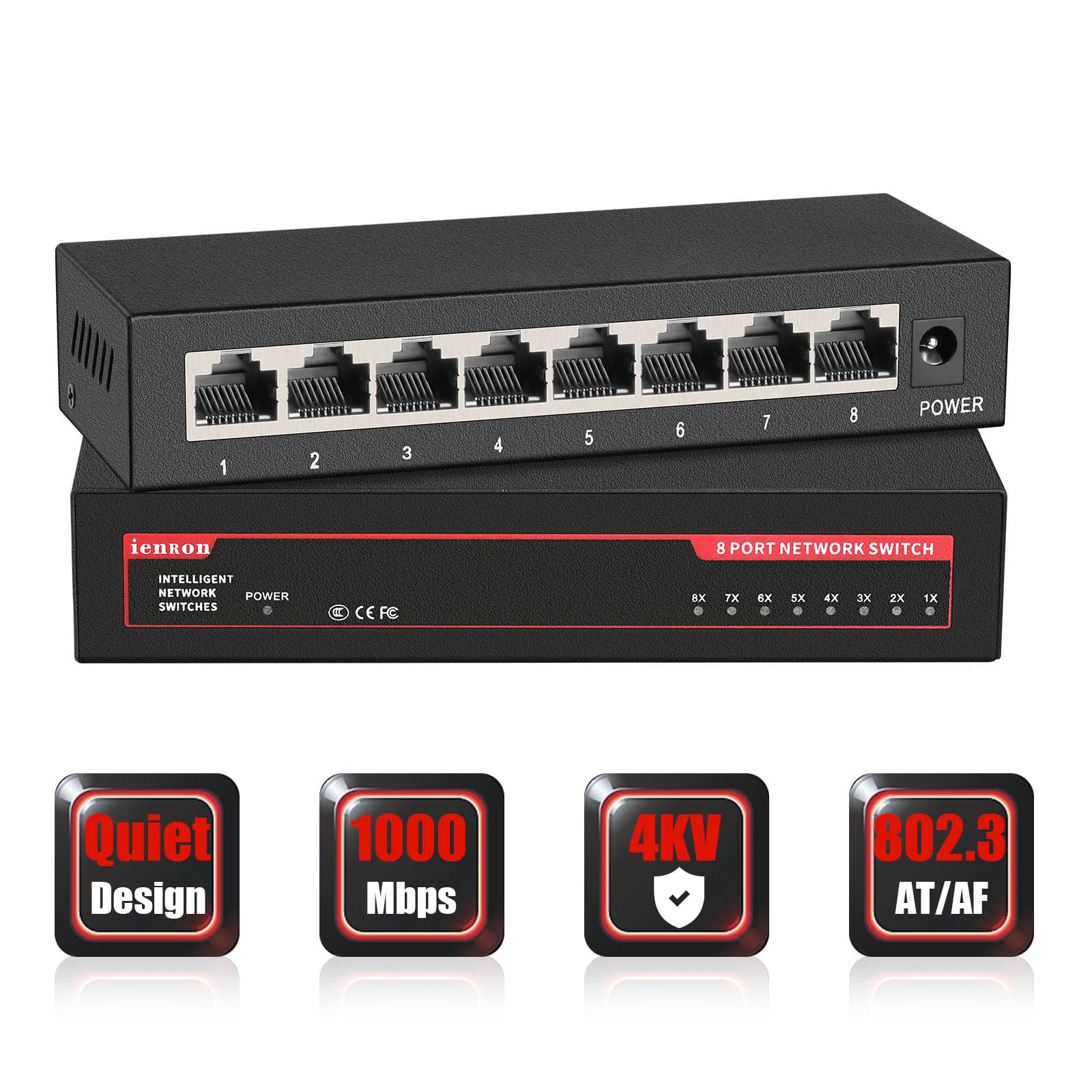 ienRon 8 Ports Gigabit Network Switch, Supported Desktop or Wall Mount Plug and Play with AI Detection Unmanaged Tiny Ethernet Splitter Network Switch in Metal Case, Red / Black