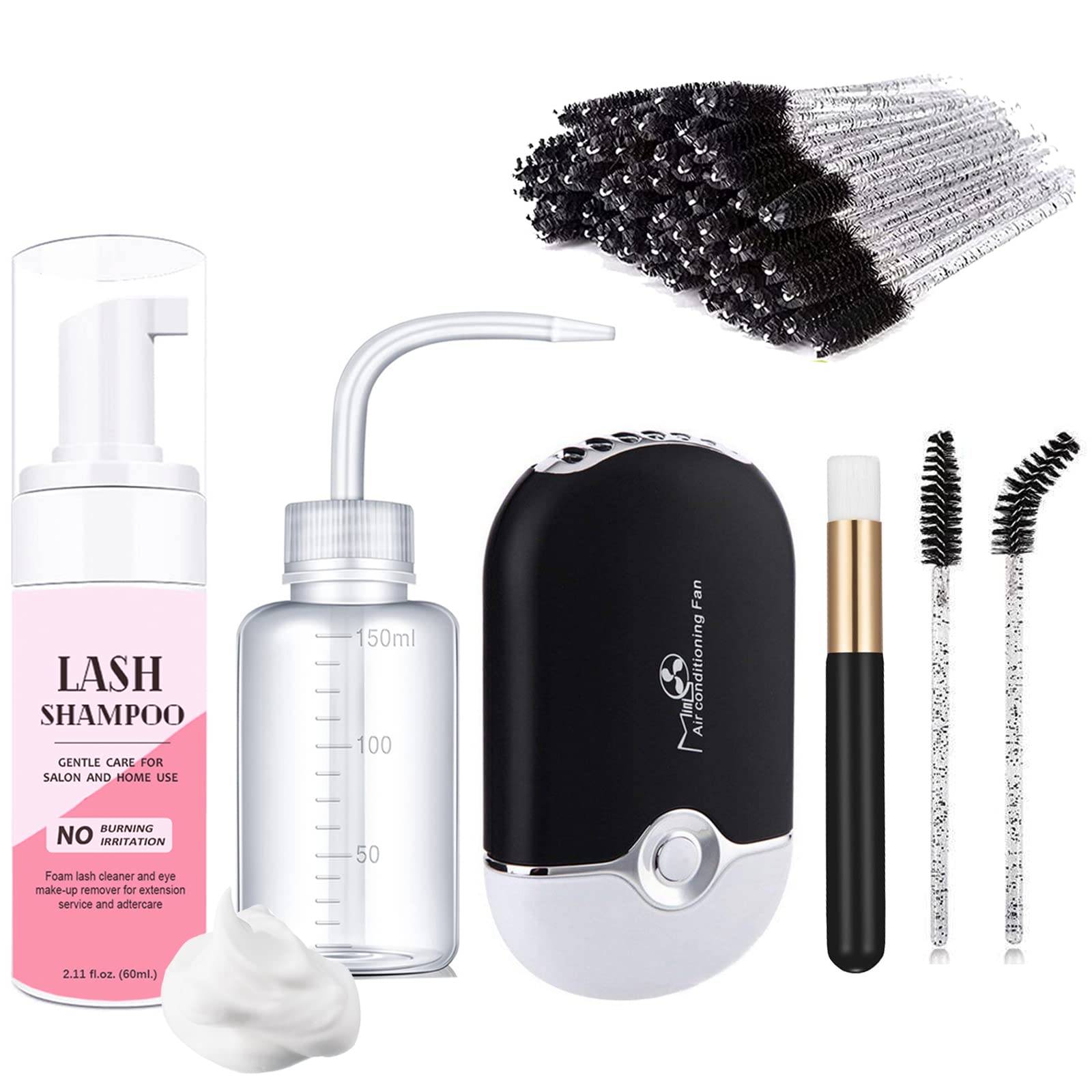 AREMOD Lash Cleaning Kit for Lash Extensions Eyelash Extension Cleanser with USB Lash Fan,60ml Lash Shampoo,Mascara Brush Cleaning Brush and Wash Bottle for Eye Makeup Remover(BLACK)