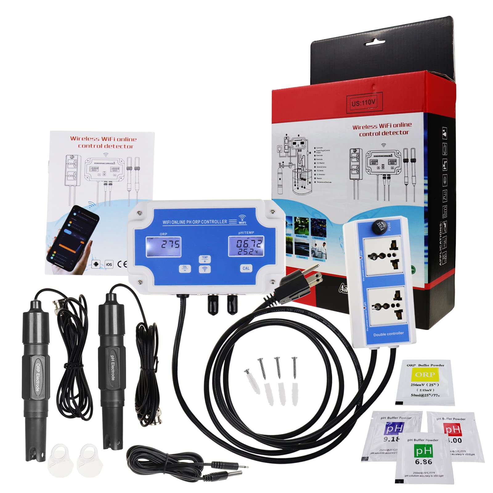 Smart pH ORP Controller, 3 in 1 Aquarium pH Monitor Wi-Fi for pH/ORP/Temp Measurements in Water with Calibration, Can Fit with CO2 Bottle & O3 Generator