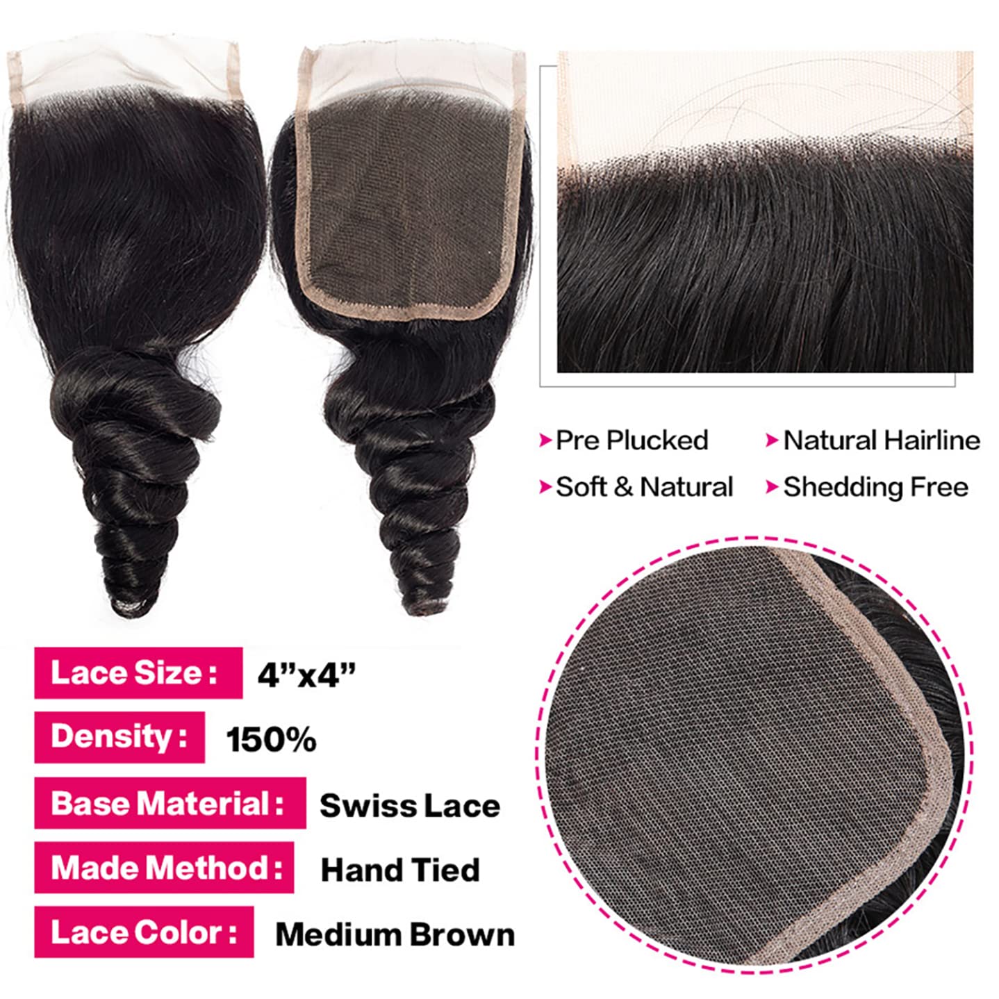 Loose Wave Bundles with Closure (16 18 20 +14) Wet and Wavy Brazilian Virgin Ocean wave Human Hair 3 Bundles with 4x4 Lace Closure with Baby Hair Free Part Loose Deep Wave Human Hair Extensions