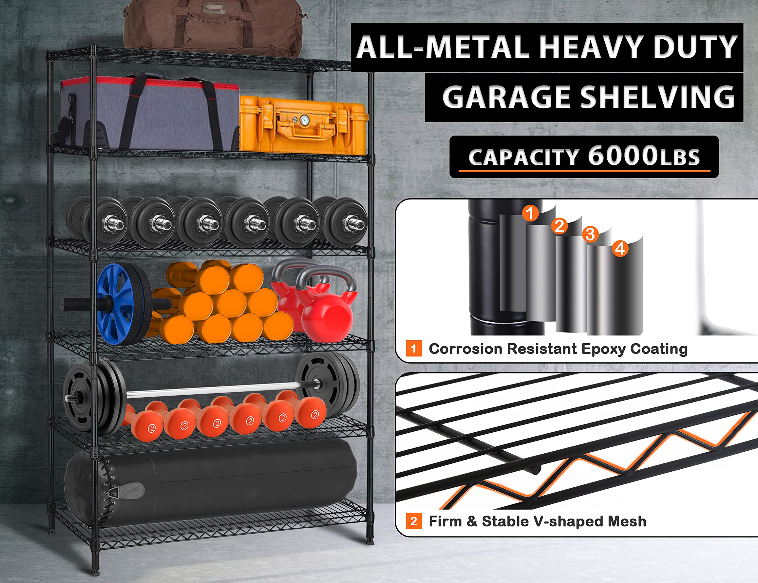 Garage Storage Shelves, 6000 Lbs Capacity NSF Certified Heavy Duty Garage Shelving with Wheels, 6 Tier Adjustable Metal Shelving for Garage Basement, Storage Rack Utility Shelf 48"Lx 18"Wx 78"H