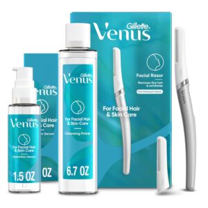 gillette venus facial razor dermaplaning kit, dermaplaning tool with 2 blades, pre dermaplane cleanser and oil, post dermaplane moisturizer serum, eyebrow razor, dermaplane razor for women face