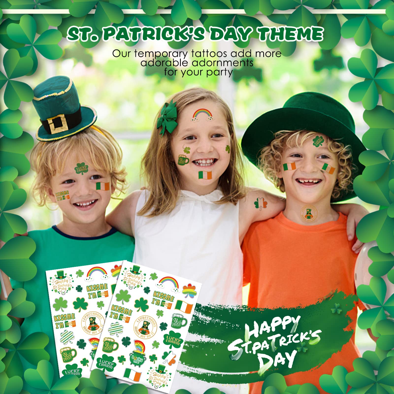 St Patricks Day Temporary Tattoos Shamrock Glitter Tattoos Party Decor Kiss Me I'm Irish Party and St Patrick's Day Decorations for Man Women Kids Party Favor Four Leaf Clover Party Accessories