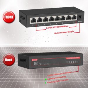 ienRon 8 Ports Gigabit Network Switch, Supported Desktop or Wall Mount Plug and Play with AI Detection Unmanaged Tiny Ethernet Splitter Network Switch in Metal Case, Red / Black