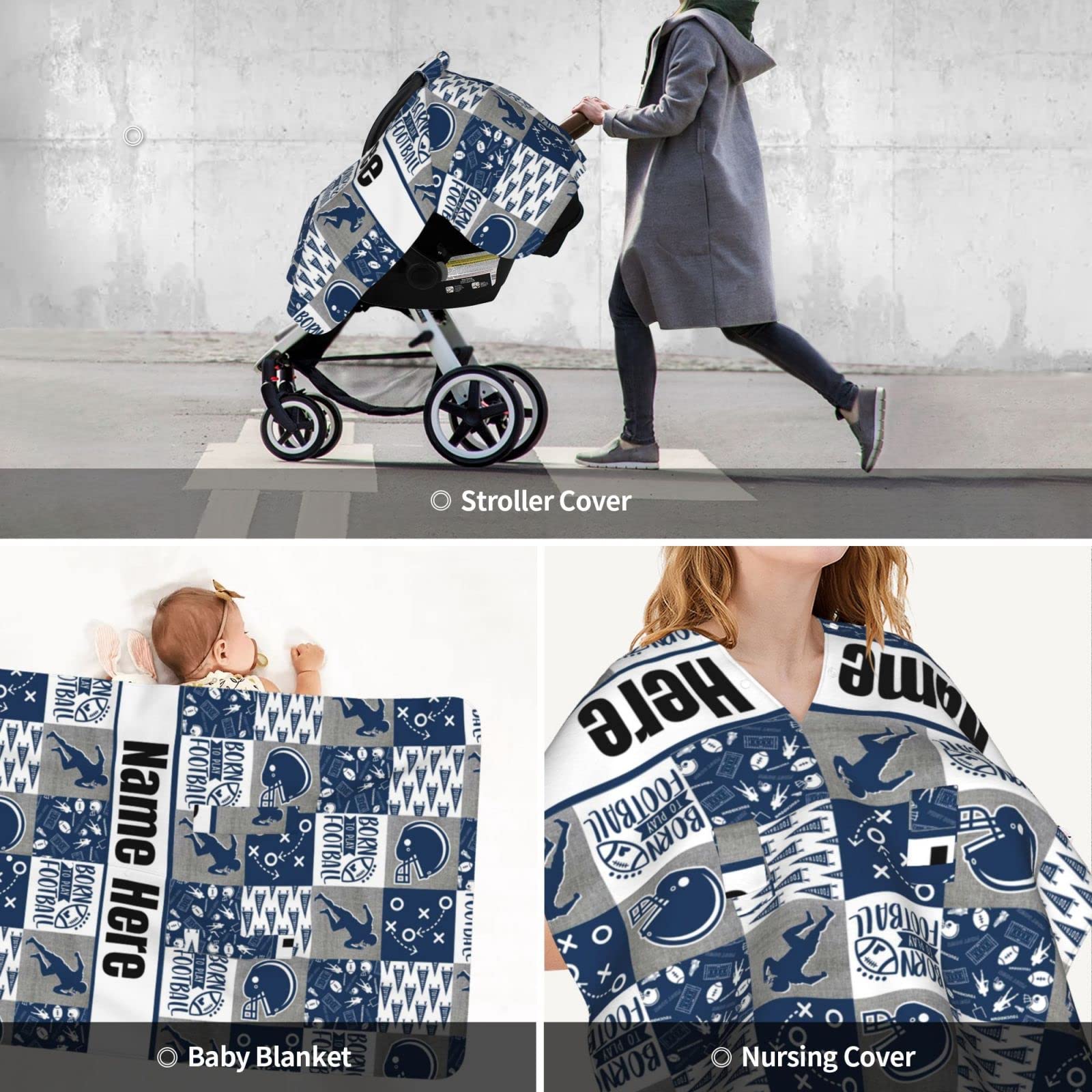 Personalized Baby Car Seat Canopy for Babies with Name, Custom Car Seat Covers for Boys, Infant Opening Minky Nursing Breastfeeding Stroller Cover Carseat Canopies for Newborn (Football Theme)