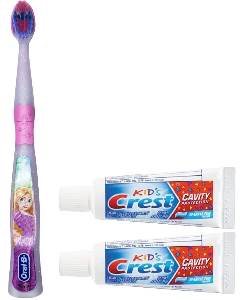 Oral-B Princess Toothbrush for Little Girls, Extra Soft, Characters Rapunzel - 1 Count and Kids Cavity Protection Toothpaste, Sparkle Fun Size 0.85oz (24g) - Pack of 2 Set for Age 3+