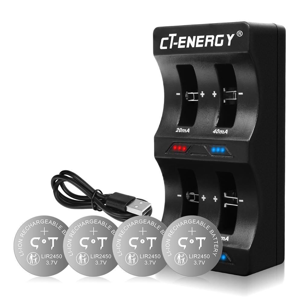 CT-ENERGY Rechargeable CR2450 Batteries 4 Pack with Coin Button Battery Charger,3.7V Rechargeable Lir2450 Battery 120mAh