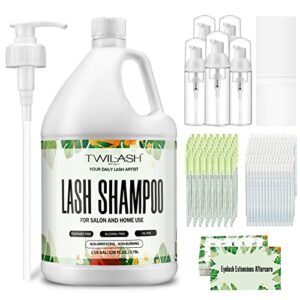 Lash Shampoo Bulk, Eyelash Cleanser for Extensions 1 Gallon / 3.8L - Includes 50 Aftercare Kits, 5 Foam Pump Bottles, Dispenser Pump - Eyelid Foaming Cleanser for Professional Salon and Home Use