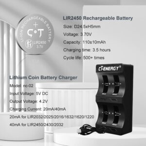 CT-ENERGY Rechargeable CR2450 Batteries 4 Pack with Coin Button Battery Charger,3.7V Rechargeable Lir2450 Battery 120mAh