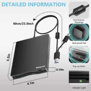 Wbacon USB Floppy Disk Drive, External 3.5inch Floppy Disk Reader for PC, Laptop, and Desktop Computers Compatible with Windows 10/8/7/2000/XP