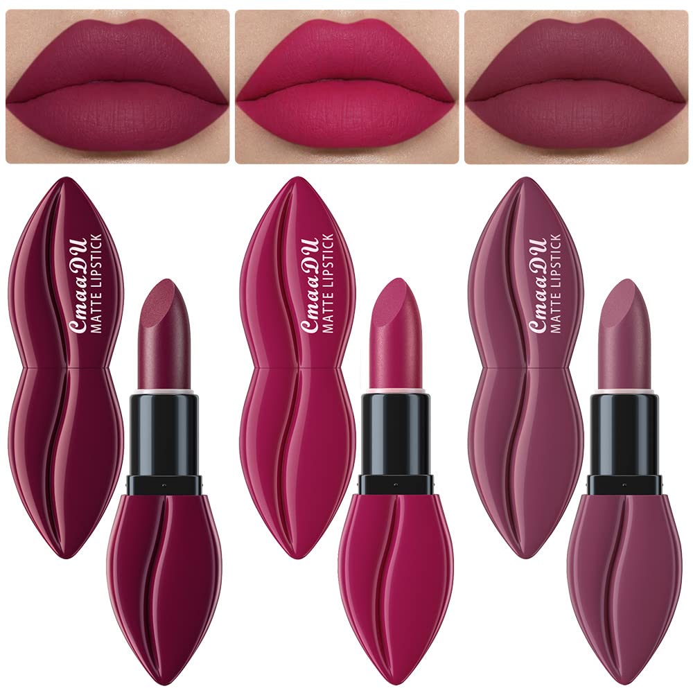 evpct 3Pcs Dark Purple Rose red Mauve Matte Velvet Lipstick Set Long Lasting Waterproof Smudge Proof 24 Hours Lip Stick Packs Lip Stain Makeup Set for Women labiales matte larga duracion 24 03#04#08#