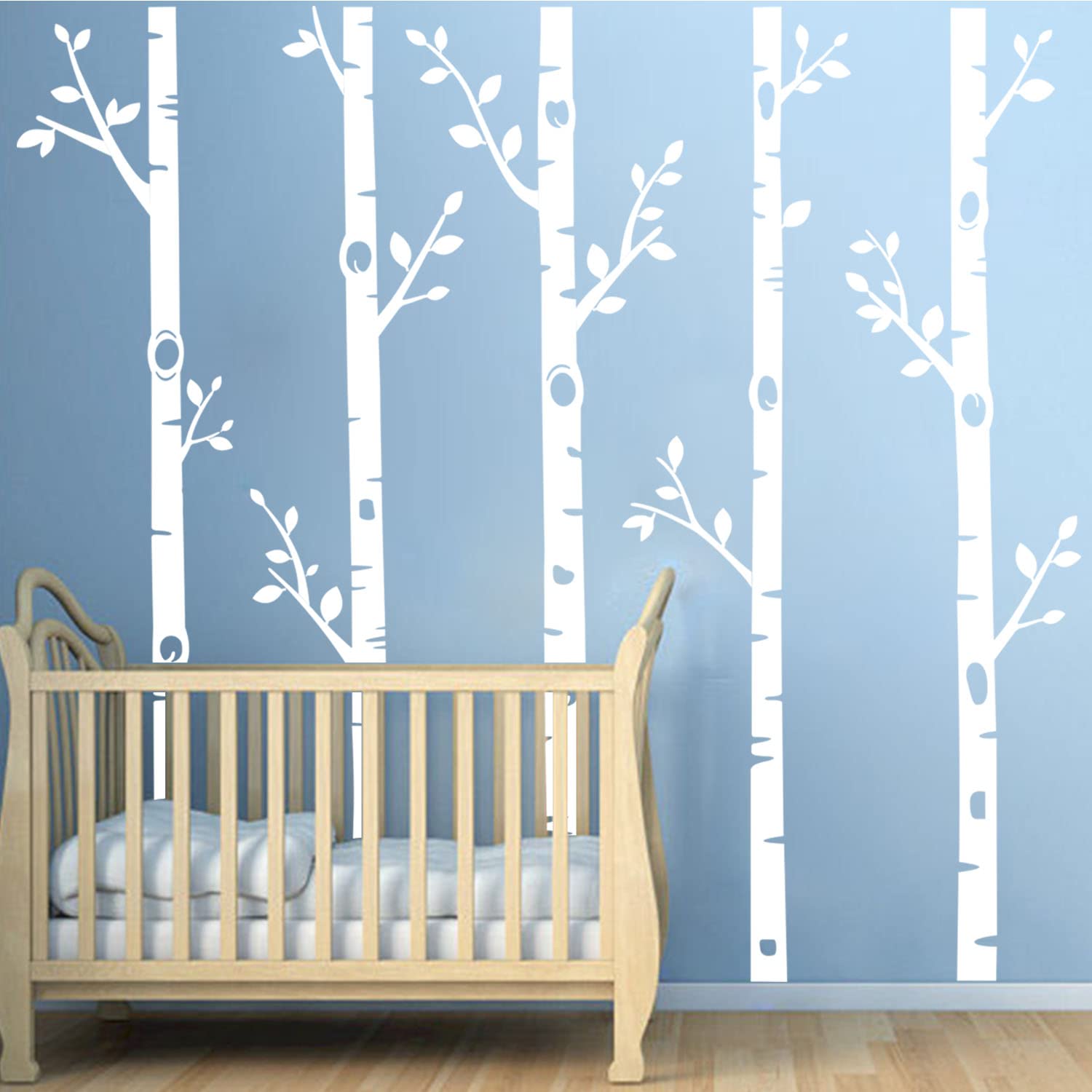 Giant Tree Wall Decals 5 Birch Tree Wall Stickers Woodland Wall Stickers for Baby Kids Nursery Bedroom Living Room Wall Decorations (100", White)