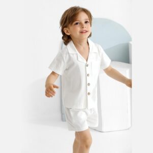 Baby Boy Clothes Set Toddler Summer Outfit Cotton Linen Short Sleeve T-Shirt Top Pocket Button-Down Shirt Short Set White