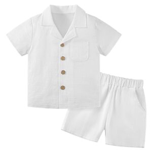 baby boy clothes set toddler summer outfit cotton linen short sleeve t-shirt top pocket button-down shirt short set white