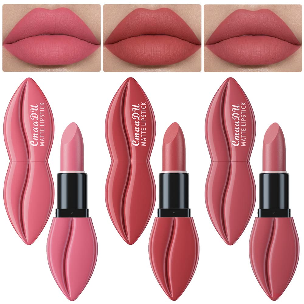 evpct 3Pcs Nude Pink Mauve Brown Matte Velvet Lipstick Set Long Lasting 24 Hours Matte Lip Stick Packs Lip Stain Gloss Makeup Set for Women labiales matte larga duracion 24 05#06#07#