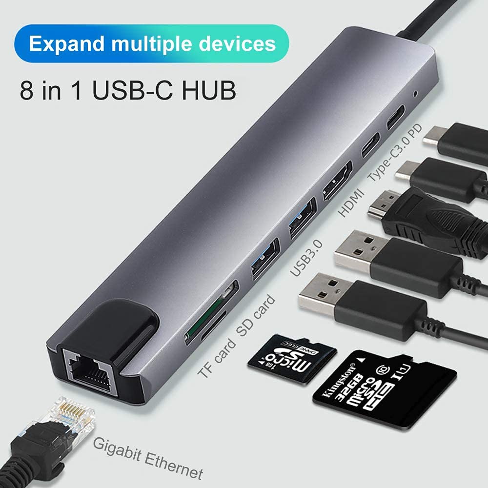 USB C Hub Multiport Adapter, 8-in-1 USB-C Hub with 4K HDMI, RJ45 Ethernet, 87W PD, SD/TF Card Reader, USB-C Data Port Docking Station Compatible with MacBook Pro/Air/iPad Pro/XPS