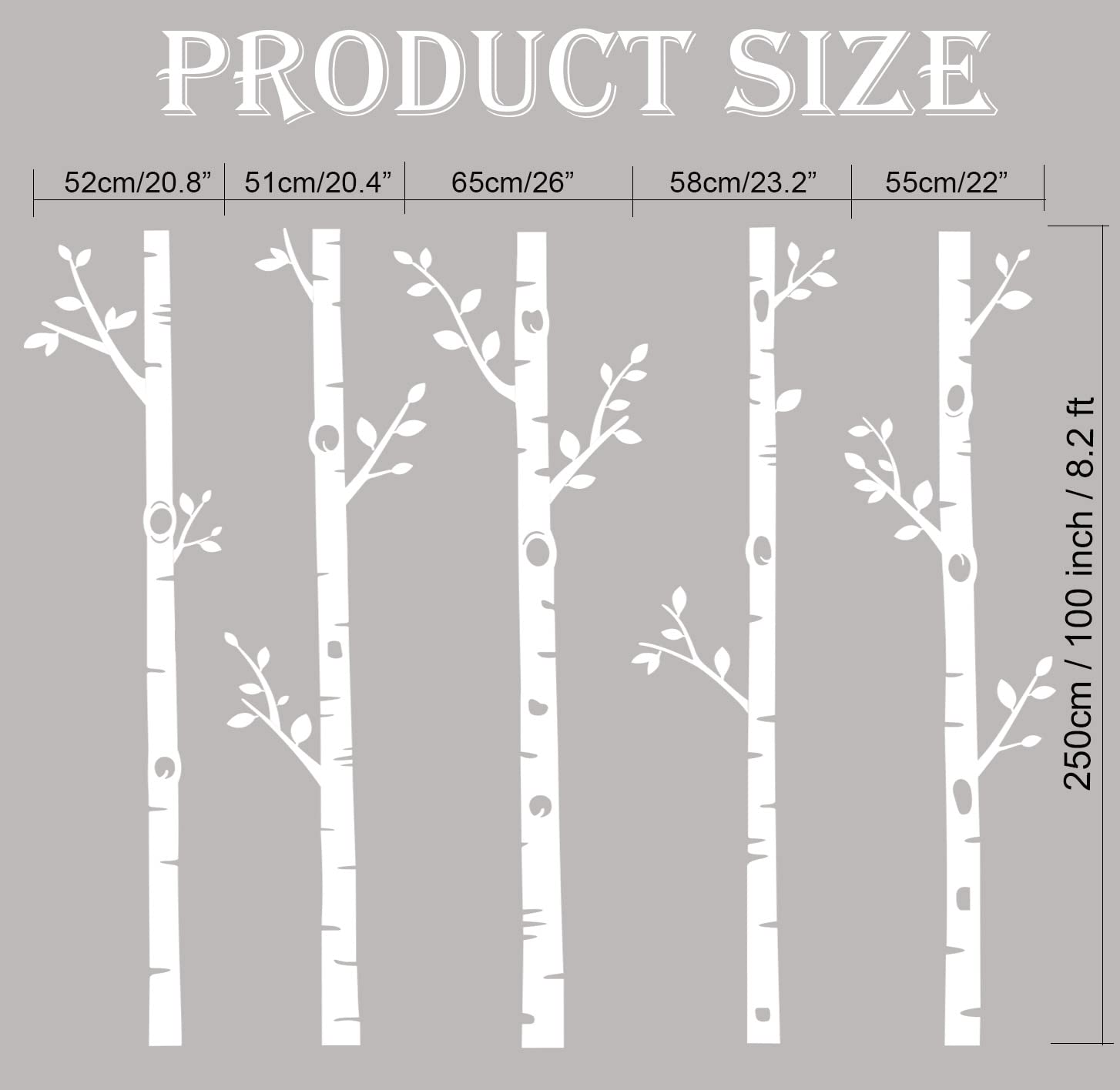 Giant Tree Wall Decals 5 Birch Tree Wall Stickers Woodland Wall Stickers for Baby Kids Nursery Bedroom Living Room Wall Decorations (100", White)