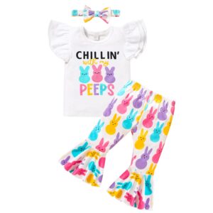 grnshts toddler baby girl easter outfits short sleeve bunny print shirt tops+flared pants+headband 3pcs clothes set (white, 2-3 t)