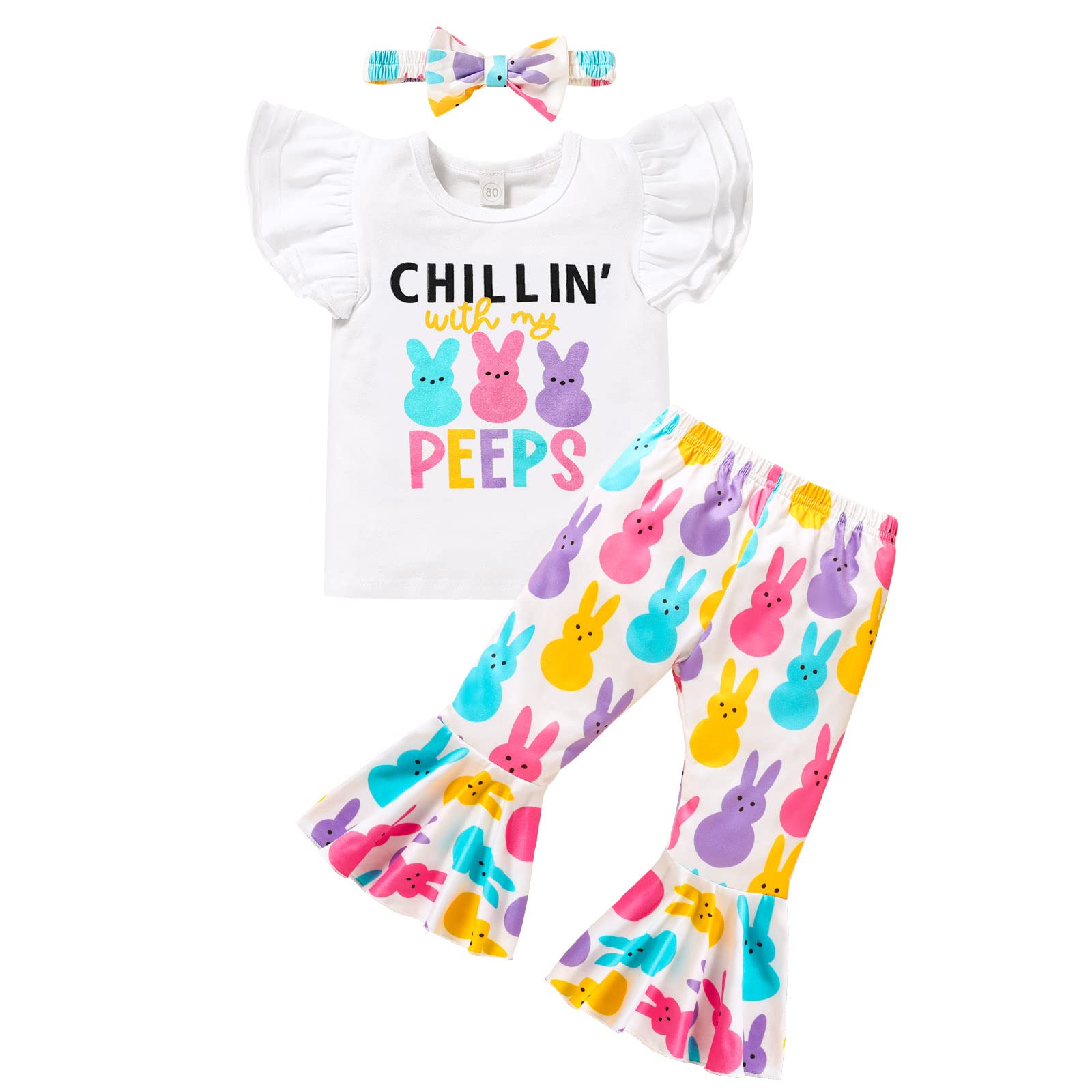 GRNSHTS Toddler Baby Girl Easter Outfits Short Sleeve Bunny Print Shirt Tops+Flared Pants+Headband 3PCS Clothes Set (White, 2-3 T)