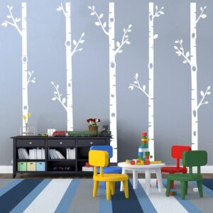 Giant Tree Wall Decals 5 Birch Tree Wall Stickers Woodland Wall Stickers for Baby Kids Nursery Bedroom Living Room Wall Decorations (100", White)