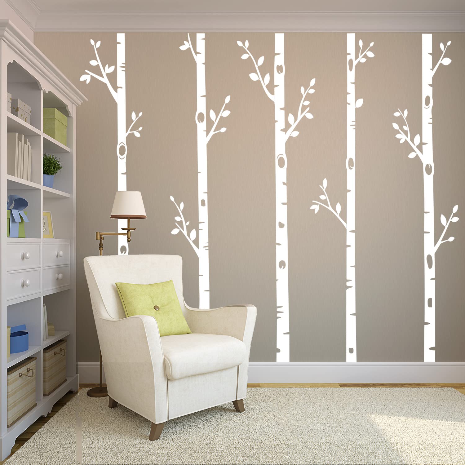 Giant Tree Wall Decals 5 Birch Tree Wall Stickers Woodland Wall Stickers for Baby Kids Nursery Bedroom Living Room Wall Decorations (100", White)