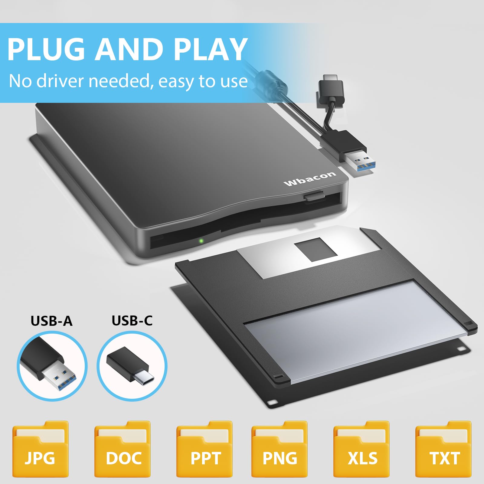 Wbacon USB Floppy Disk Drive, External 3.5inch Floppy Disk Reader for PC, Laptop, and Desktop Computers Compatible with Windows 10/8/7/2000/XP