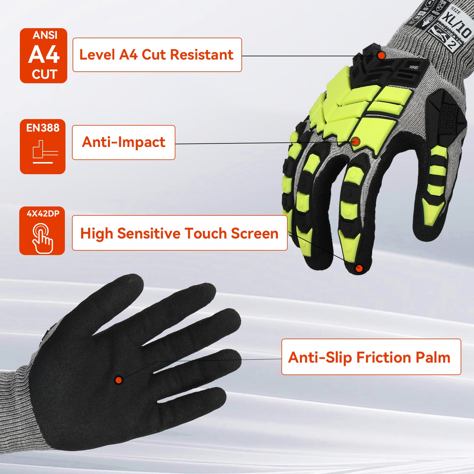 Graloky Safety Work Gloves,Impact Gloves for Men Women,Cut Resistant Non-Slip Heavy Duty Gloves with Nitrile Grip,Touch Screen Gloves with Impact Protection for Gardening Mechanic Construction,X-Large