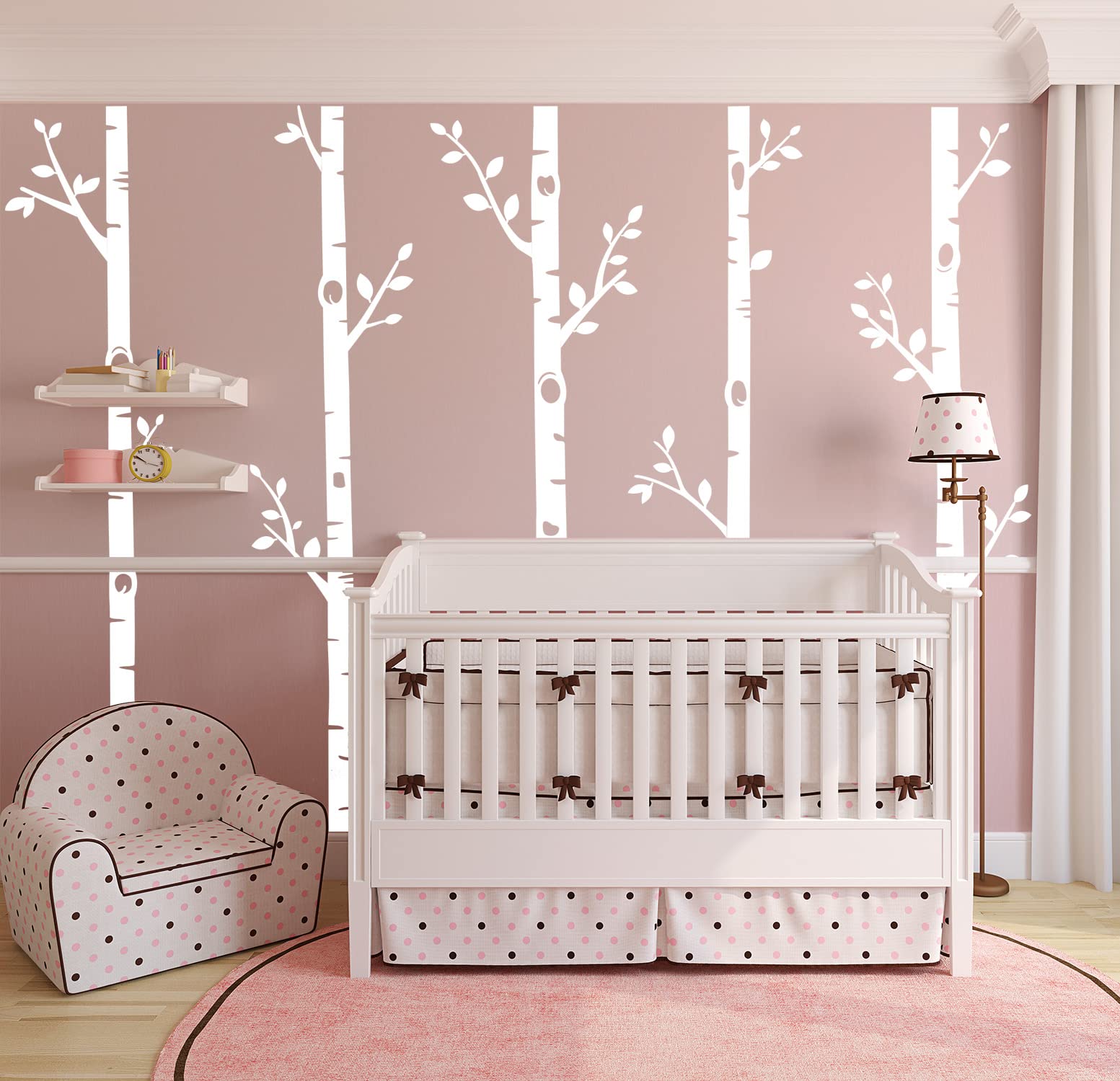 Giant Tree Wall Decals 5 Birch Tree Wall Stickers Woodland Wall Stickers for Baby Kids Nursery Bedroom Living Room Wall Decorations (100", White)