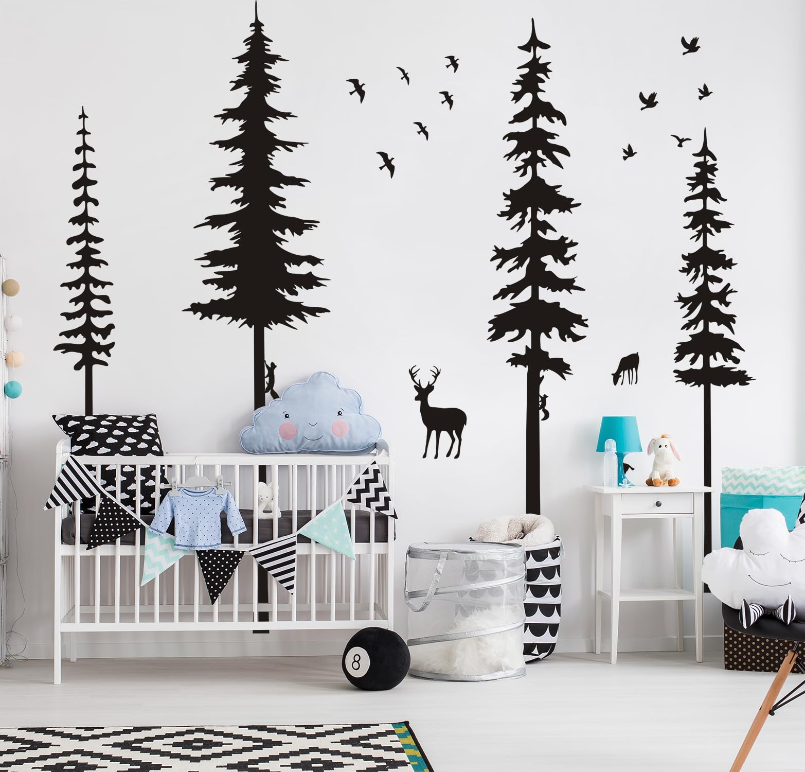 Pine Tree Wall Decals Woodland Vinyl Wall Sticker Forest Wall Decals with Animal Wall Stickers Squirrels Deers Wall Stickers for Kids Nursery Children Room Living Room Wall Decoration (Black)