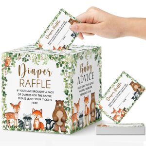 yuzioey woodland diaper raffle tickets and baby advice, woodland forest baby shower diaper raffle game box tickets, diaper raffle tickets for woodland gender neutral baby shower