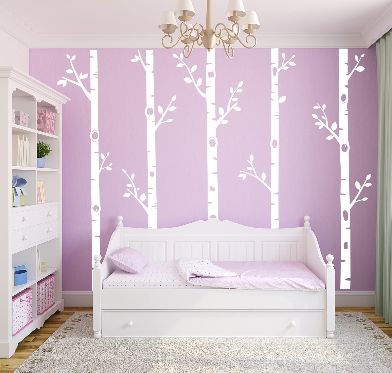 Giant Tree Wall Decals 5 Birch Tree Wall Stickers Woodland Wall Stickers for Baby Kids Nursery Bedroom Living Room Wall Decorations (100", White)