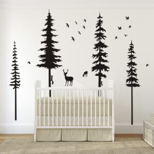 Pine Tree Wall Decals Woodland Vinyl Wall Sticker Forest Wall Decals with Animal Wall Stickers Squirrels Deers Wall Stickers for Kids Nursery Children Room Living Room Wall Decoration (Black)