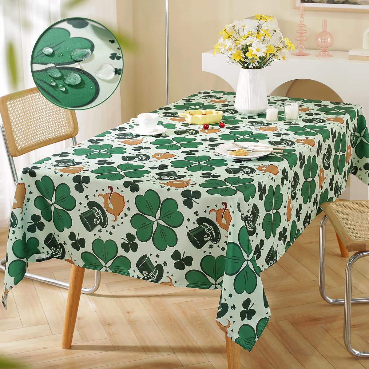 SASTYBALE St. Patrick’s Day Tablecloth Rectangle 52 x 70 Inch, Green Clover Shamrock Hat Polyester Table Cloth, Spill Proof Wrinkle Free Table Cover for Spring, Dining, Party, Holiday