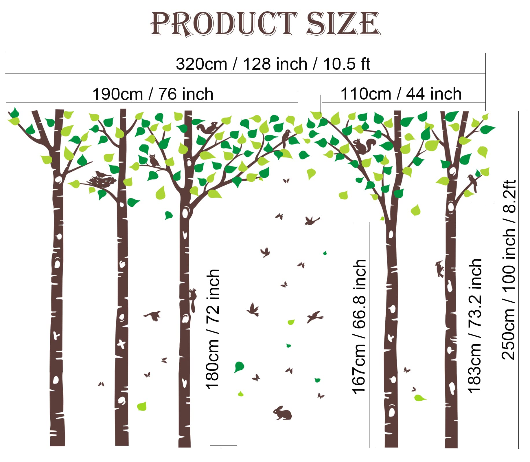 5 Large Birch Tree Wall Decals Jungle Tree Wall Stickers Forest Animal Wall Stickers Squirrel Rabbit Stickers for Kids Room Nursery Bedroom Living Room Classroom Wall Decoration (100", Brown,Green)