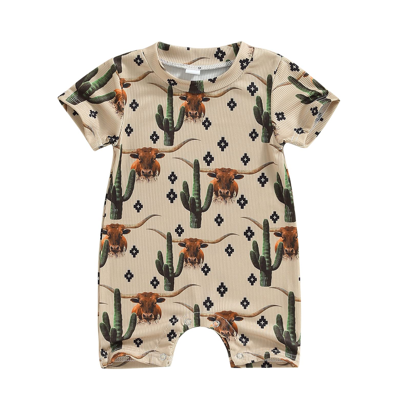 Muasaaluxi Western Baby Girl Boy Clothes Short Sleeve Cow Print Romper One Piece Bodysuit Shorts Summer Outfit (Khaki, 3-6 Months)