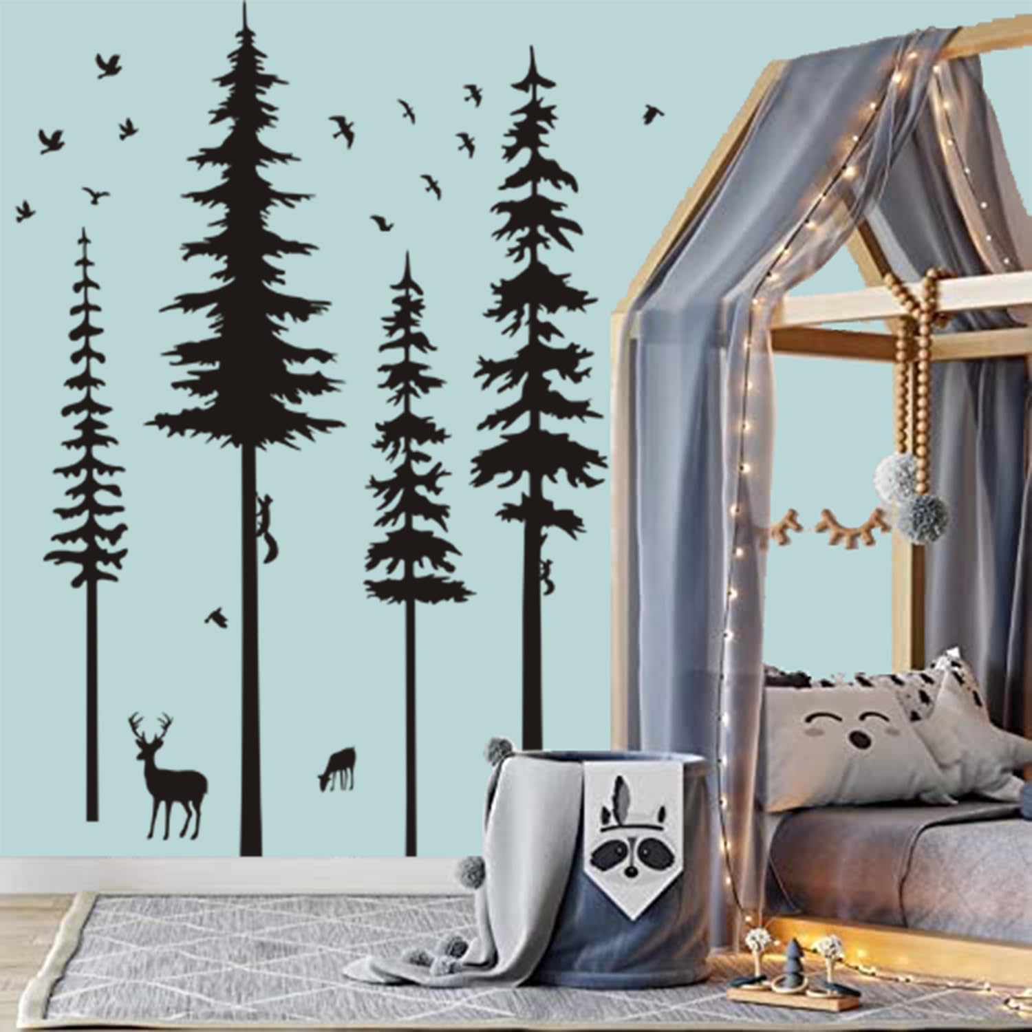 Pine Tree Wall Decals Woodland Vinyl Wall Sticker Forest Wall Decals with Animal Wall Stickers Squirrels Deers Wall Stickers for Kids Nursery Children Room Living Room Wall Decoration (Black)